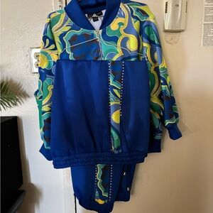 Ashley Stewart Blue and Green Patterned Jacket with matching pants.